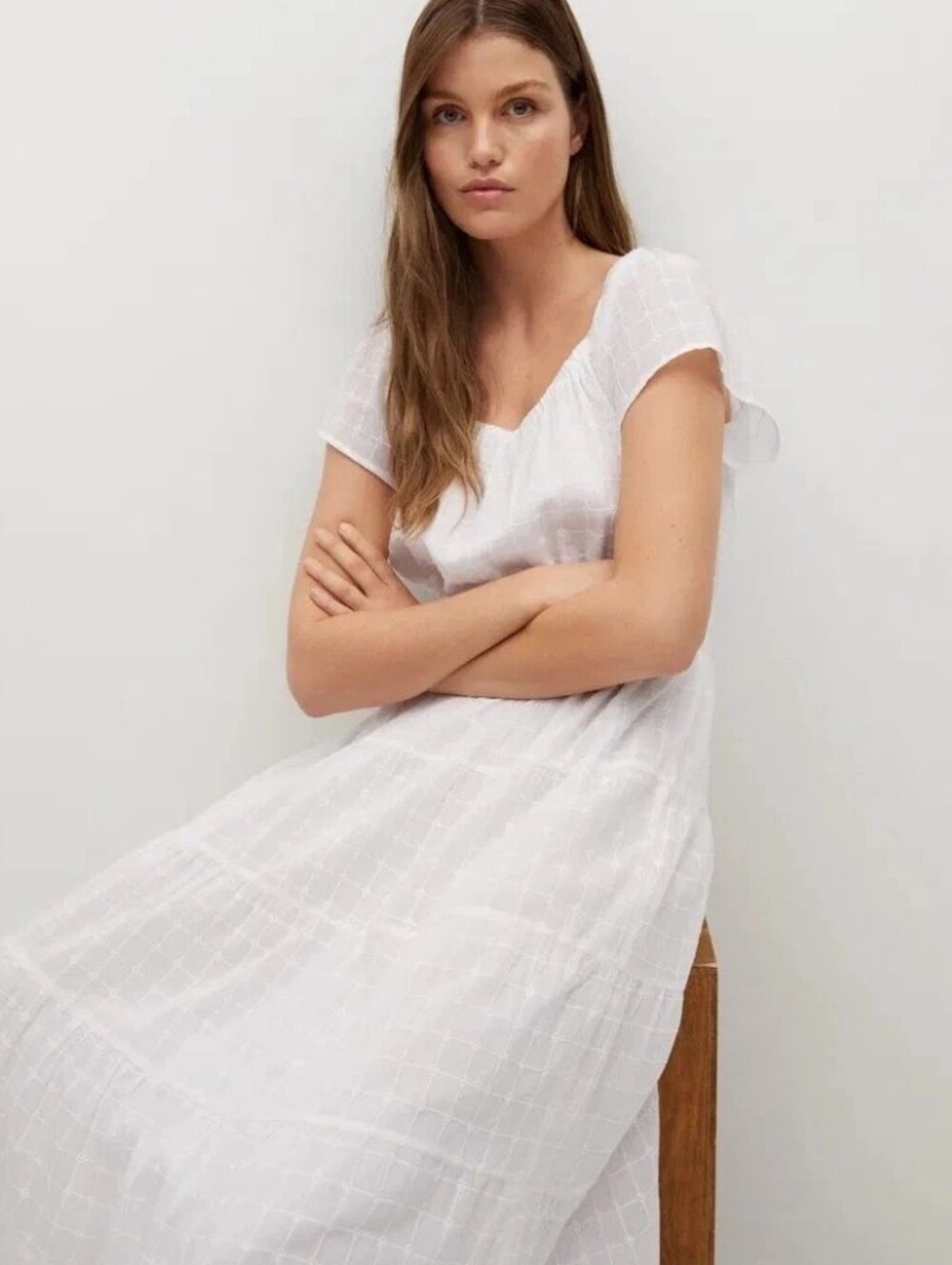 Mango MNG White Puff Sleeve Embroidered Checkered Tiered Midi A-Line Dress Sz 8 - Picture 4 of 16
